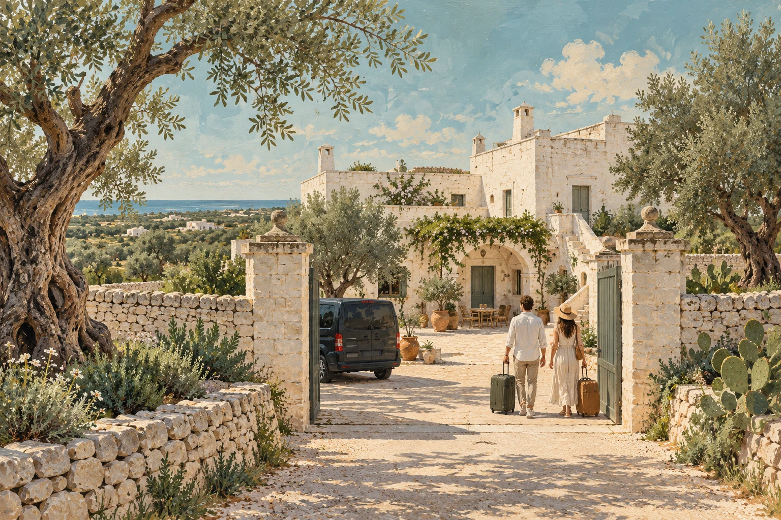 Illustration of a Puglia masseria among olive trees and dry-stone walls, with arriving guests.