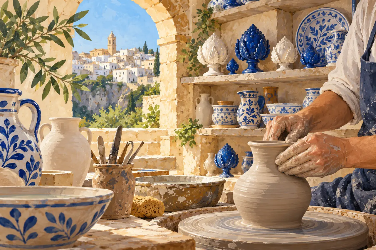 Illustration of a Grottaglie-inspired workshop, with hands at a pottery wheel, vessels and ceramic pumi.
