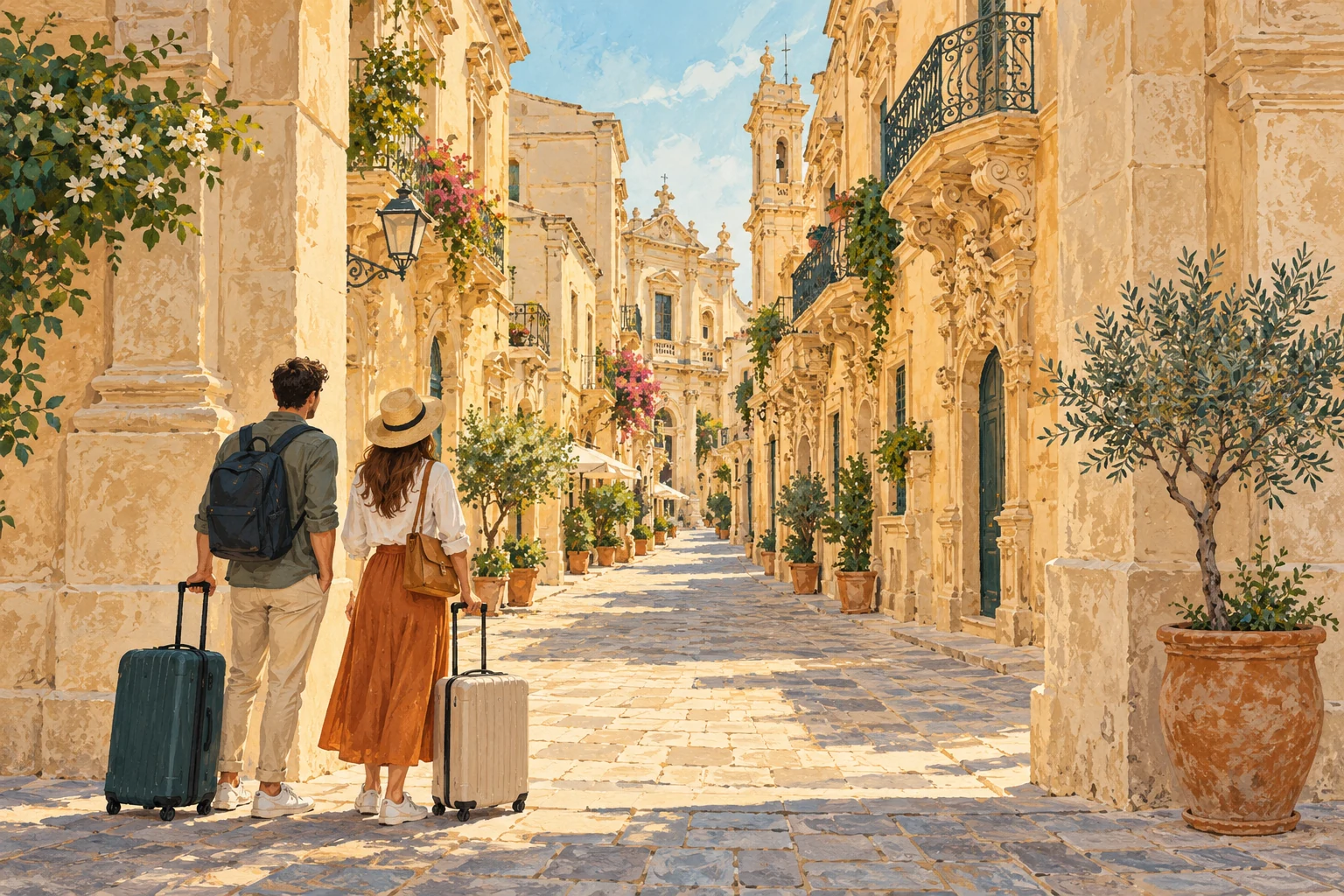 Illustration of visitors with suitcases at the entrance to a historic Lecce limestone street.