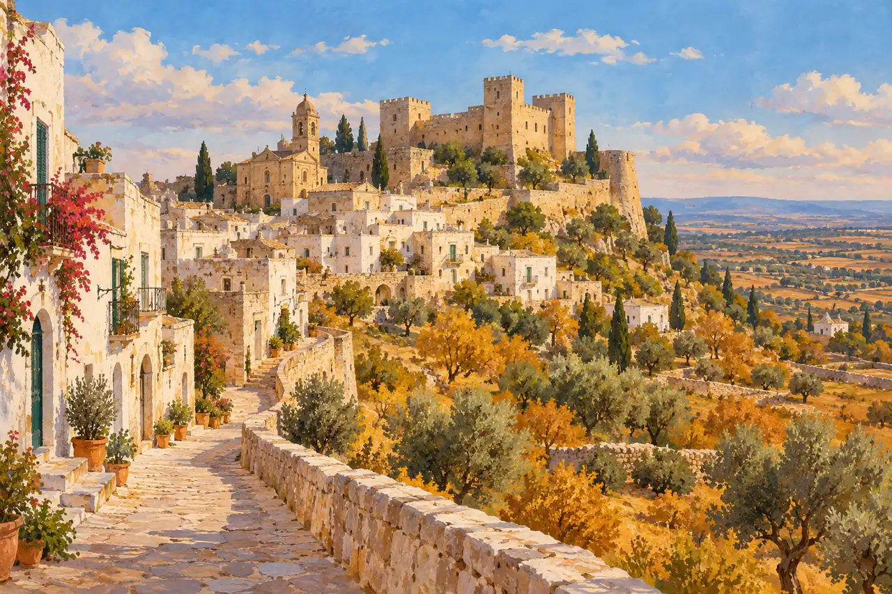 Illustration inspired by Oria, with an ascending lane and the castle skyline above the houses.