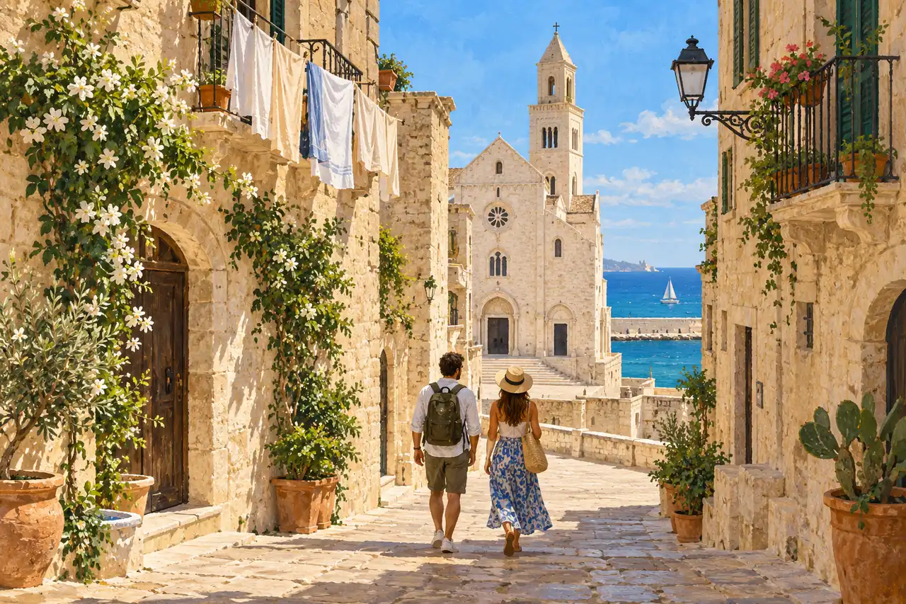 Illustration inspired by Bari Old Town, showing a stone lane, travellers and a basilica in the background.