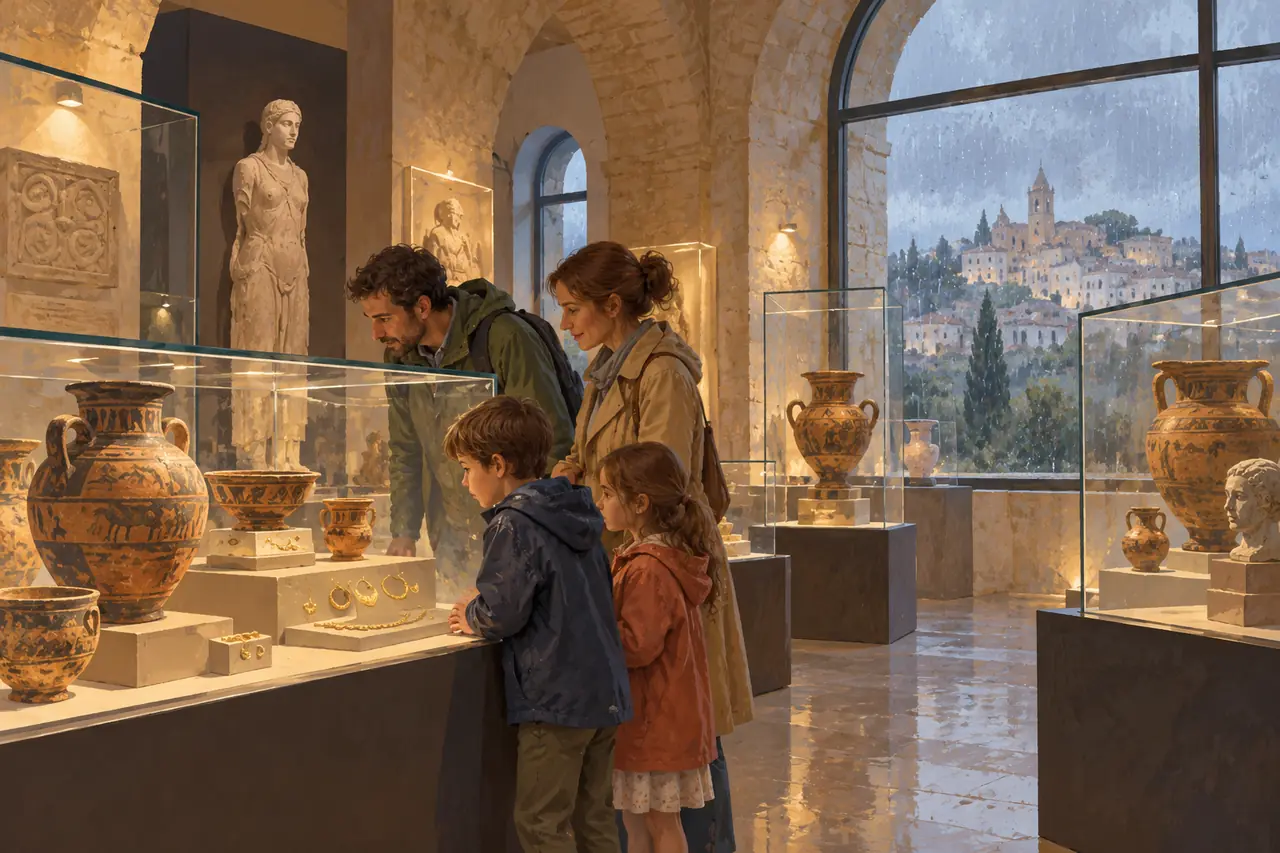 Conceptual illustration of an archaeology museum, with pottery and jewellery displays and visitors on a rainy day.