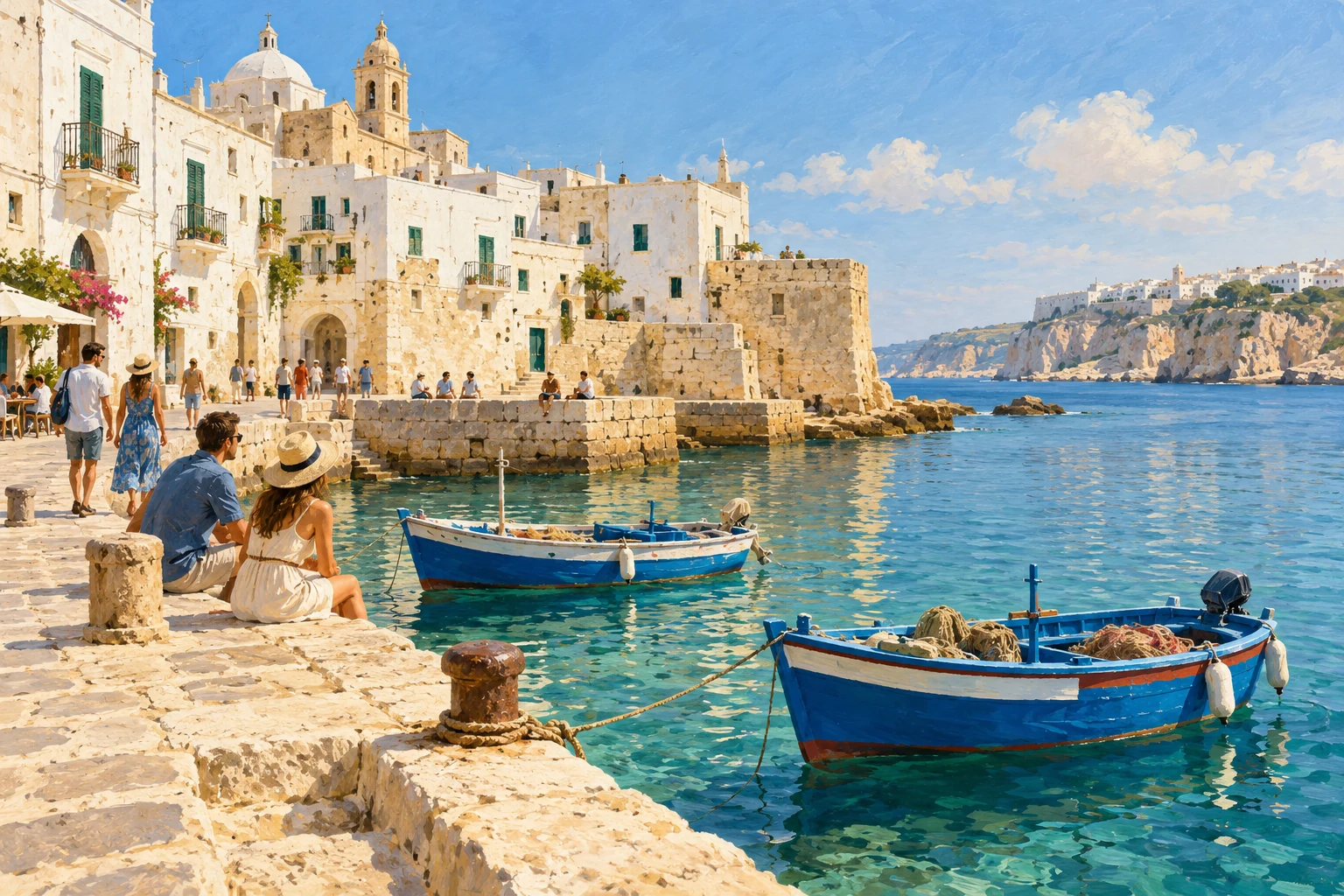Illustration inspired by the Bari coast's harbours, with boats and stone houses by the sea.