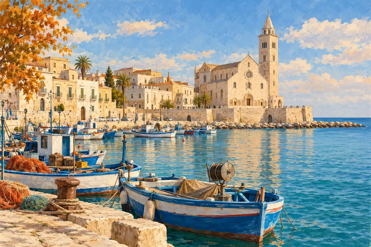 Illustration inspired by Trani, with its harbour, Adriatic sea and pale stone cathedral.