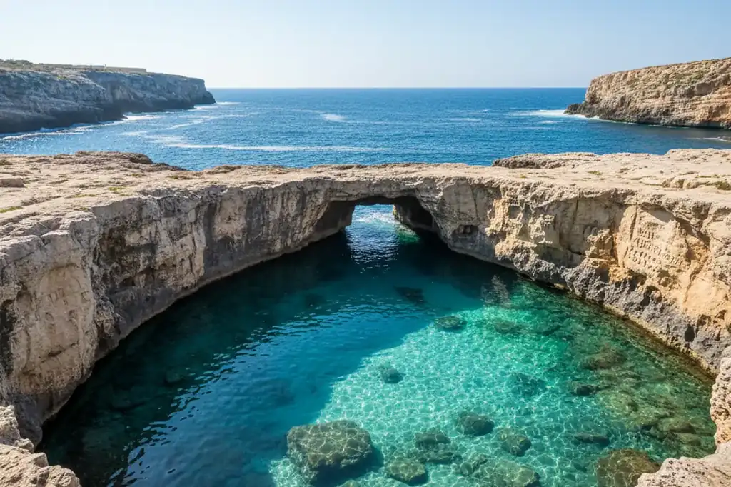 Aerial view of the crystalline waters of Grotta della Poesia in Puglia, Italy