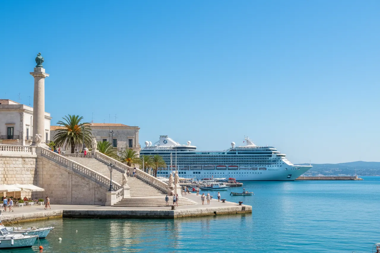 A view of the Roman Columns overlooking the port of Brindisi under a blue sky.