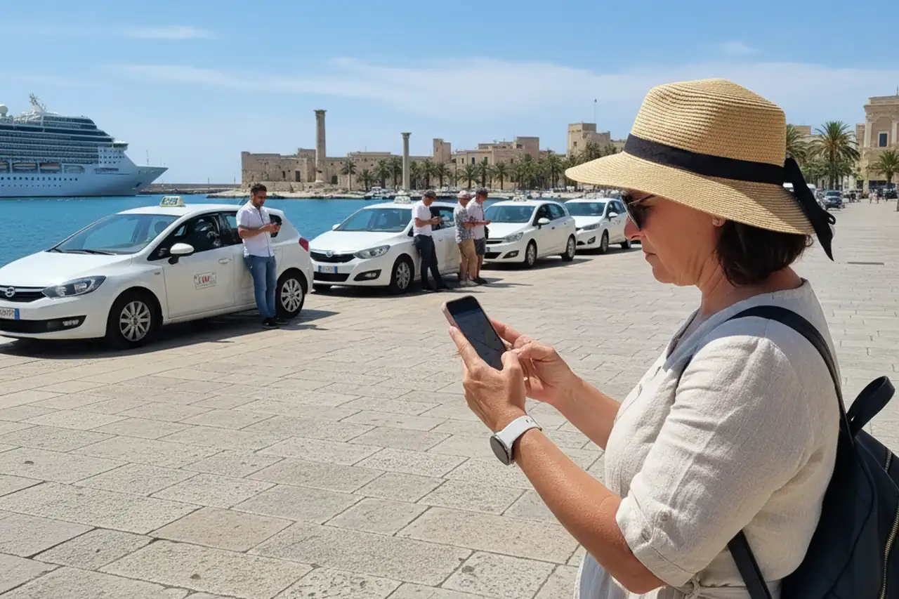 Private van waiting for cruise passengers at Brindisi port for a shore excursion to Ostuni.