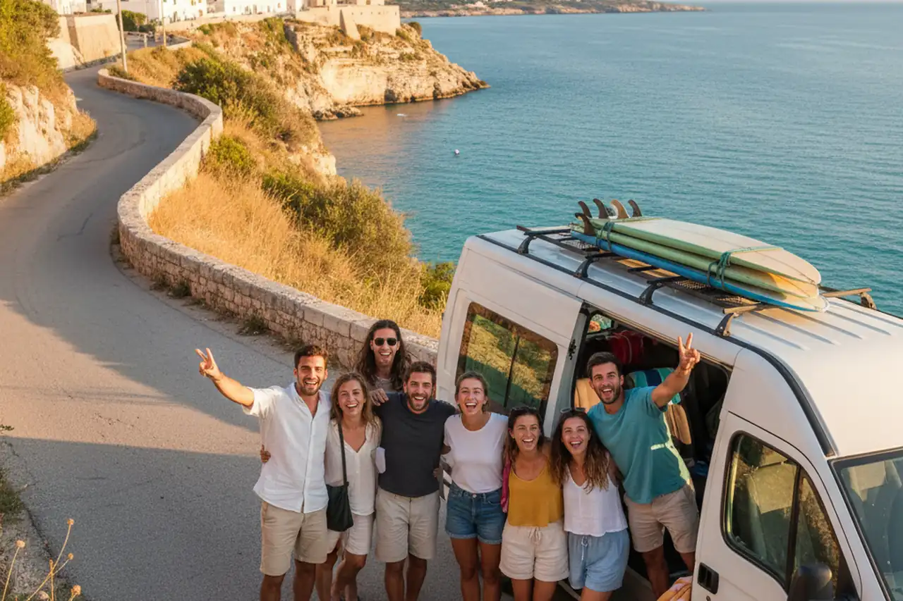 A professional 9-seater van parked at Brindisi cruise port ready to welcome a group of travelers.