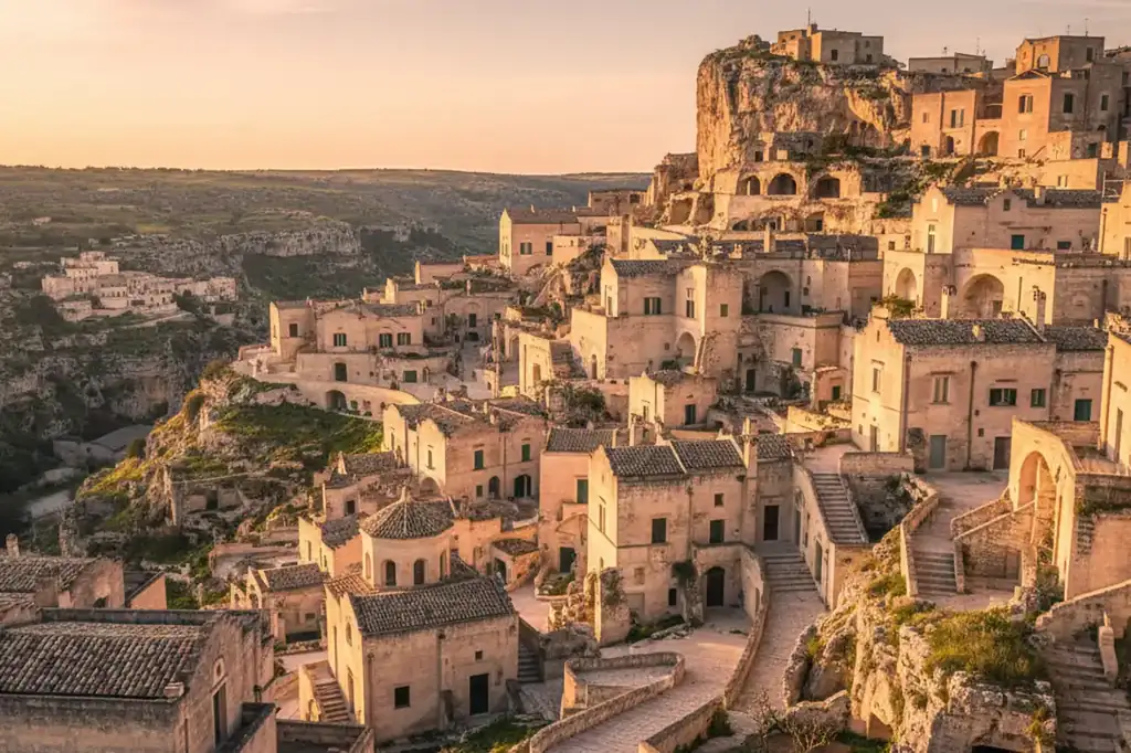 Panoramic view of the Sassi di Matera, the ancient cave dwellings in Basilicata, Italy.