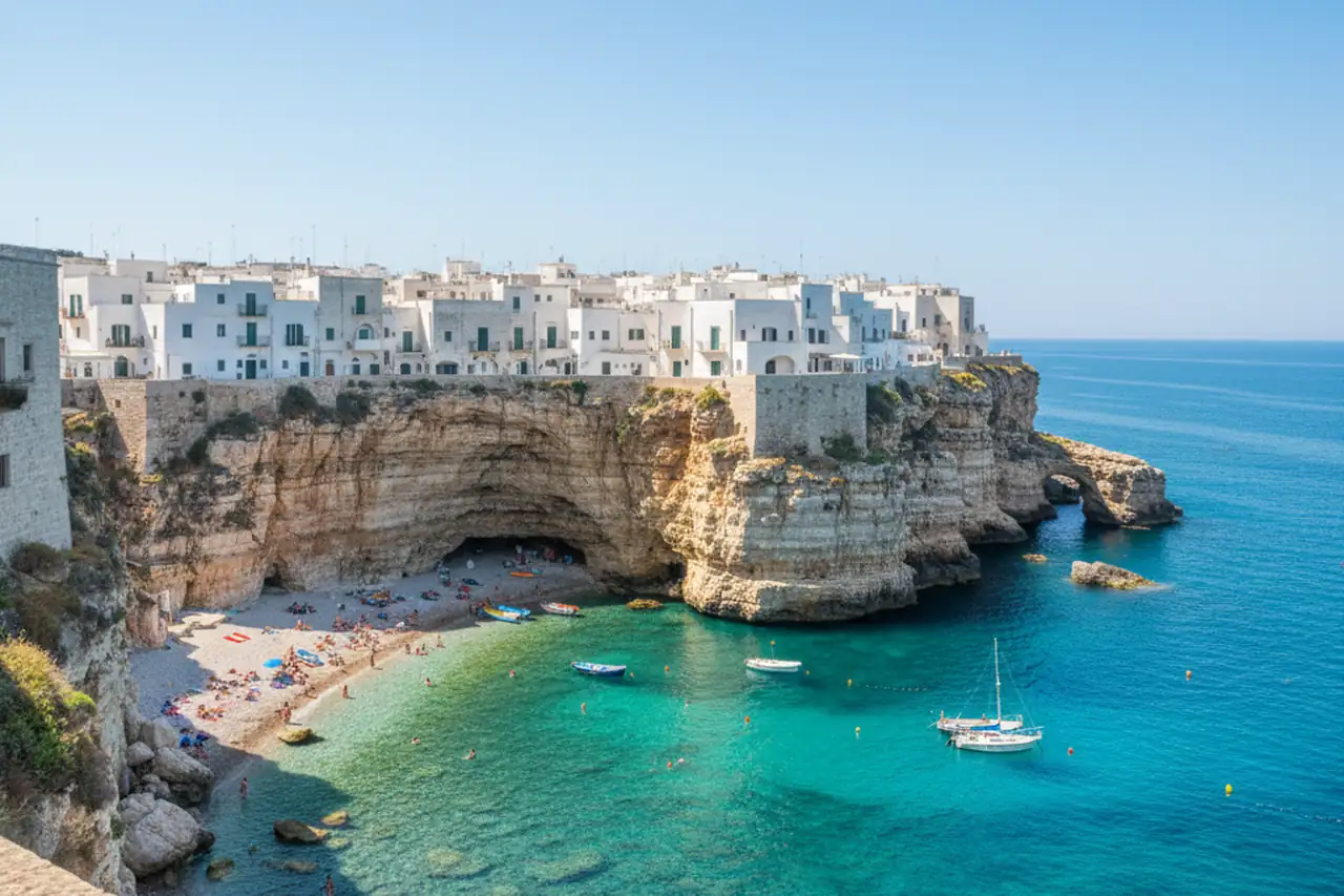 Overview of Polignano a Mare with its iconic cove and white houses perched on the limestone cliffs.