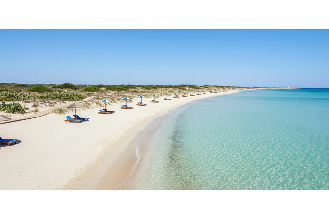 A white Transfer Brindisi van parked near a Puglian beach with crystal clear water.