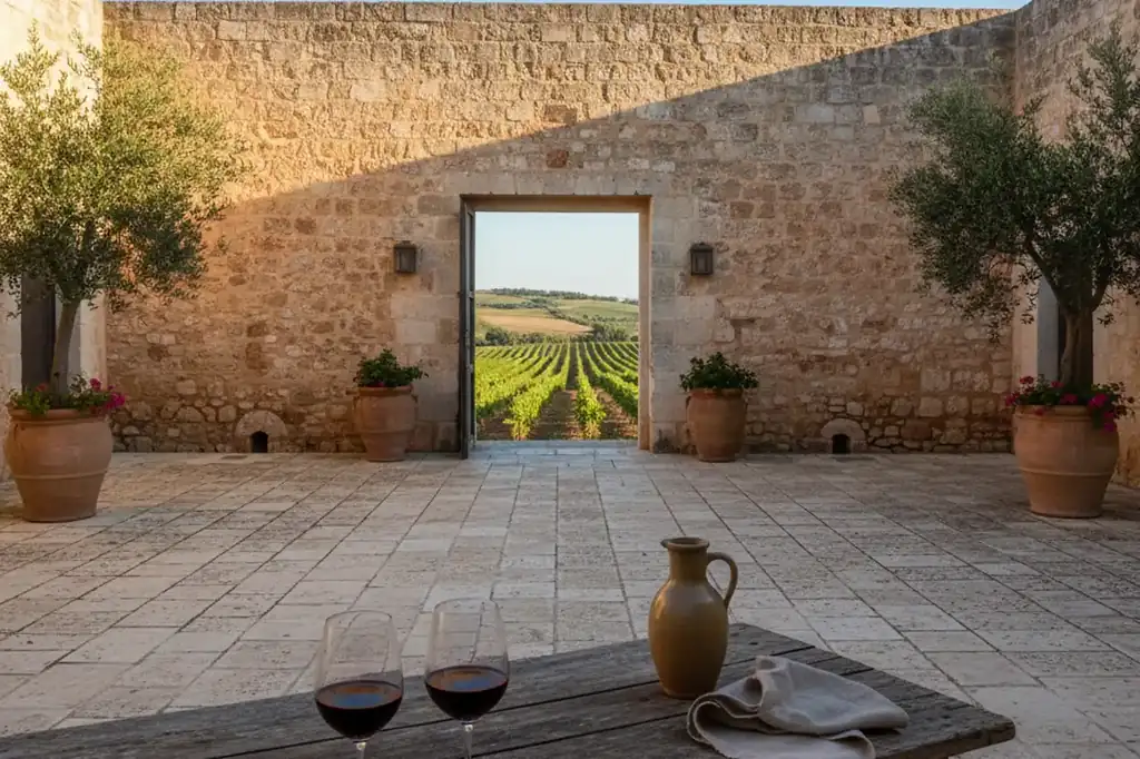 A glass of red wine in front of a traditional Apulian masseria surrounded by vineyards near Brindisi